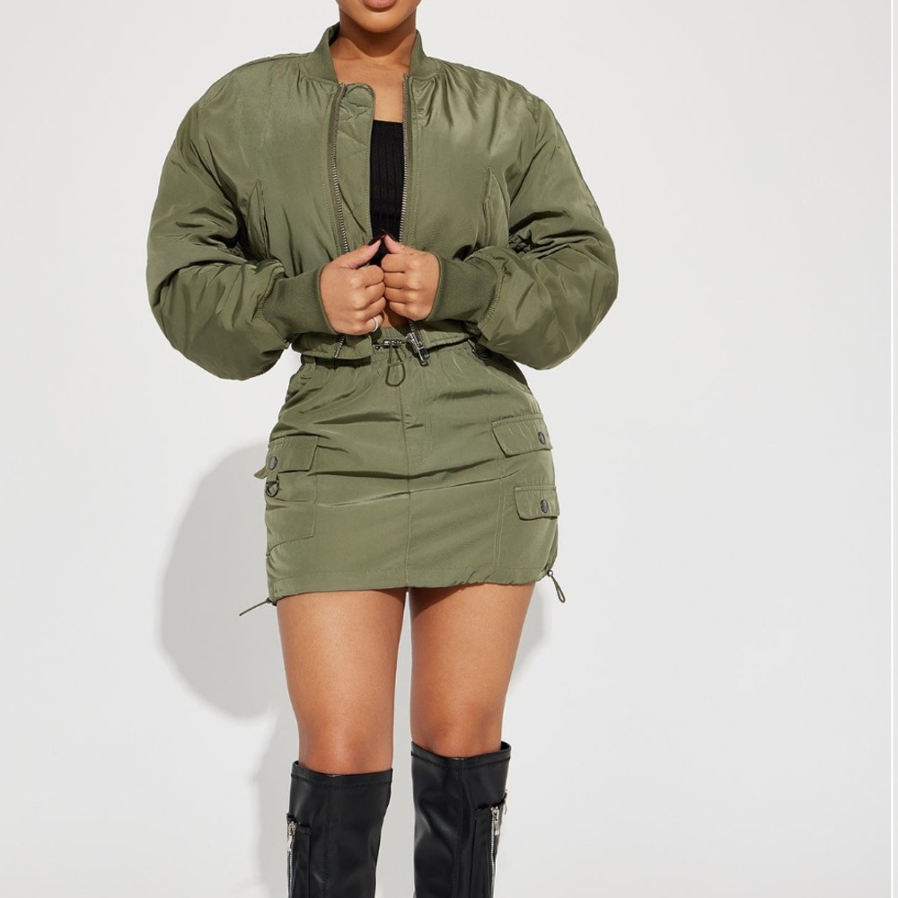 Fashion Nova Olive Green Got to Get Away Bomber Skirt Set - Picture 9 of 11